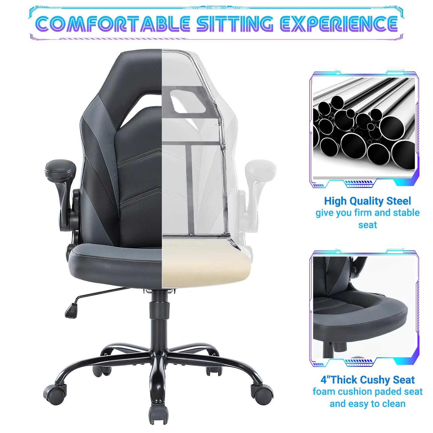 JHK Ergonomic Office Computer Gaming Desk Chair Adjustable PU Leather Racing Chair with Flip-Up Armrest