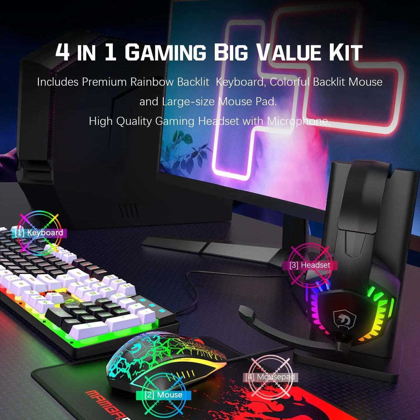 Mambasnake T11 Wired Gaming Keyboard and Mouse Headset Combo Rainbow LED Backlit Wired Keyboard