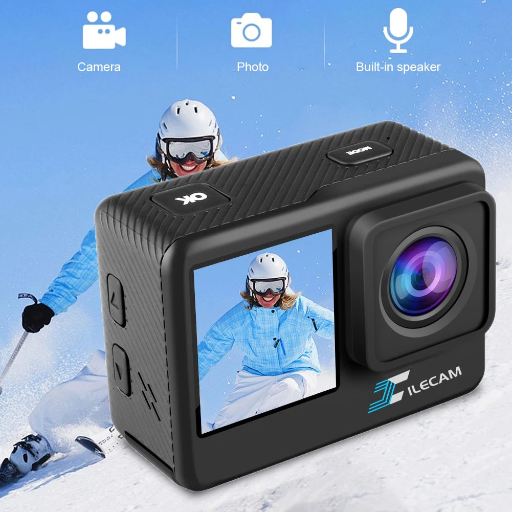 4K UHD Action Camera Dual Screen 2 Inch IPS Display Outdoor Sports Camera 120 Wide Angle 30M Waterproof