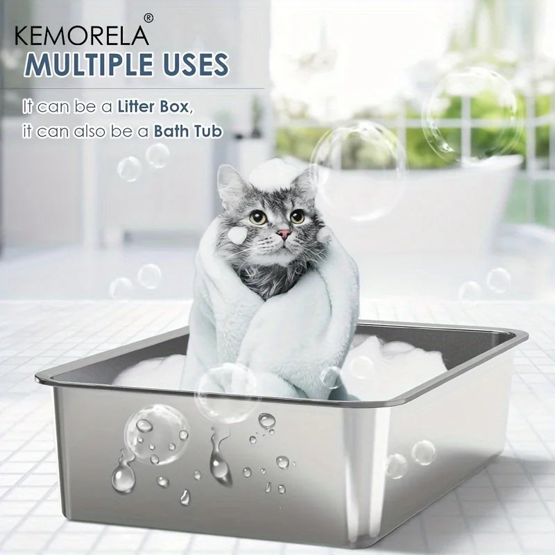 6 Inch Stainless Steel Cat Litter Box with Scoop Pedal Extra Large High Sided Rectangular Design Non Stick Easy Clean
