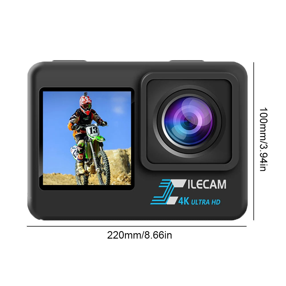 4K UHD Action Camera Dual Screen 2 Inch IPS Display Outdoor Sports Camera 120 Wide Angle 30M Waterproof