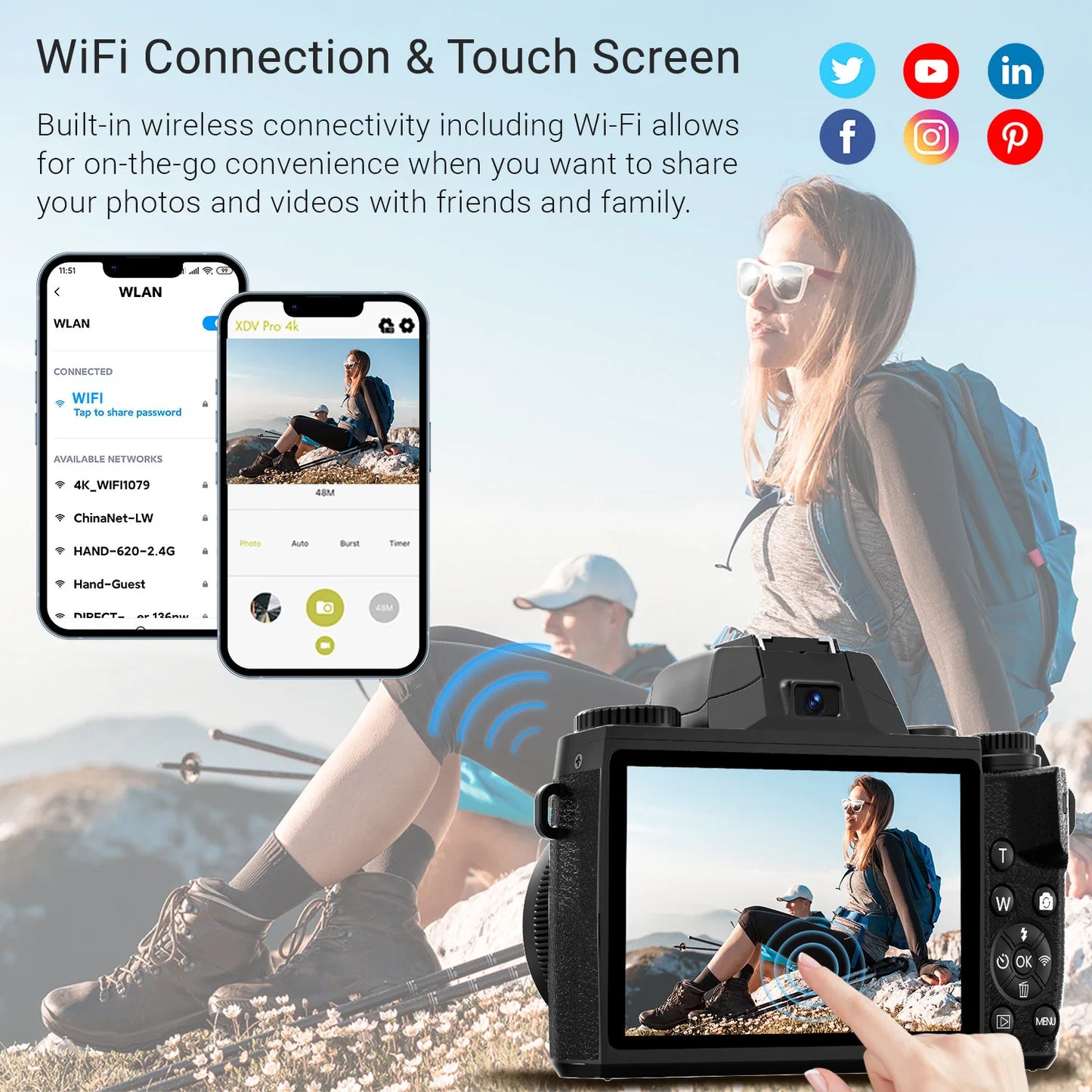Digital Camera for Photography 4K 64MP WiFi Vlogging Camera with Flash Lens Hood Front and Rear Camera 4 Inch Touch Screen