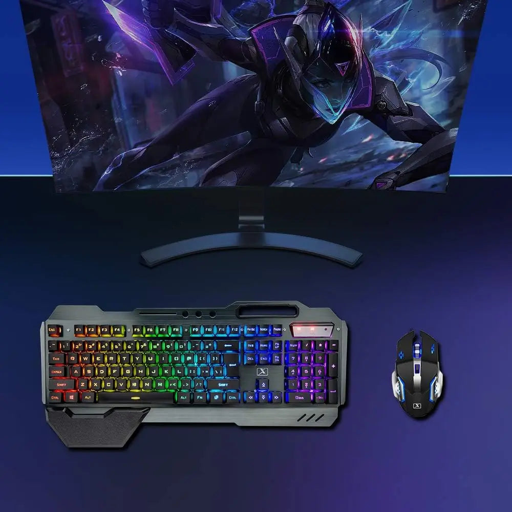 K680 Wireless Gaming Keyboard and Mouse Combo Rainbow LED Backlit Ergonomic Keyboard with Rechargeable 3800mAh Battery Metal Panel