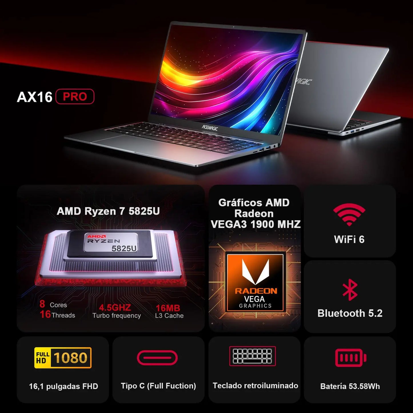 ACEMAGIC Gaming Notebook AMD Ryzen 7 5700U Backlit Laptop Keyboard 16GB RAM 512GB NVME SSD 16.1 Inch Full HD 1920x1080