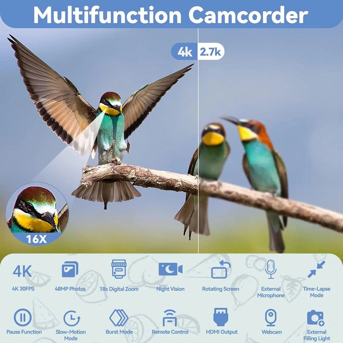 4K Video Camera Camcorder with 18X Digital Zoom 48MP Vlogging Camera for YouTube 3 Inch IPS 270 Degree Rotating Touchscreen
