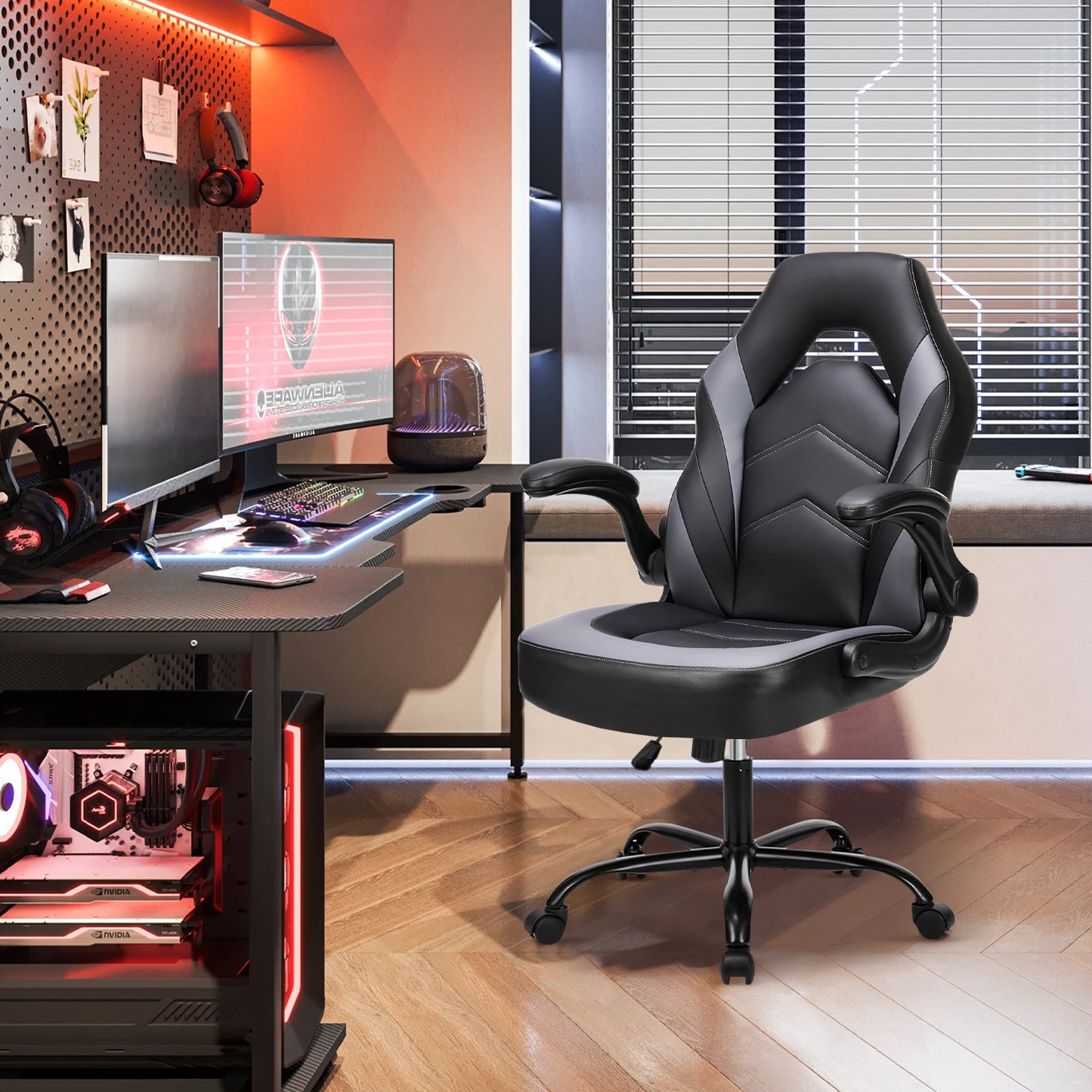 JHK Ergonomic Office Computer Gaming Desk Chair Adjustable PU Leather Racing Chair with Flip-Up Armrest