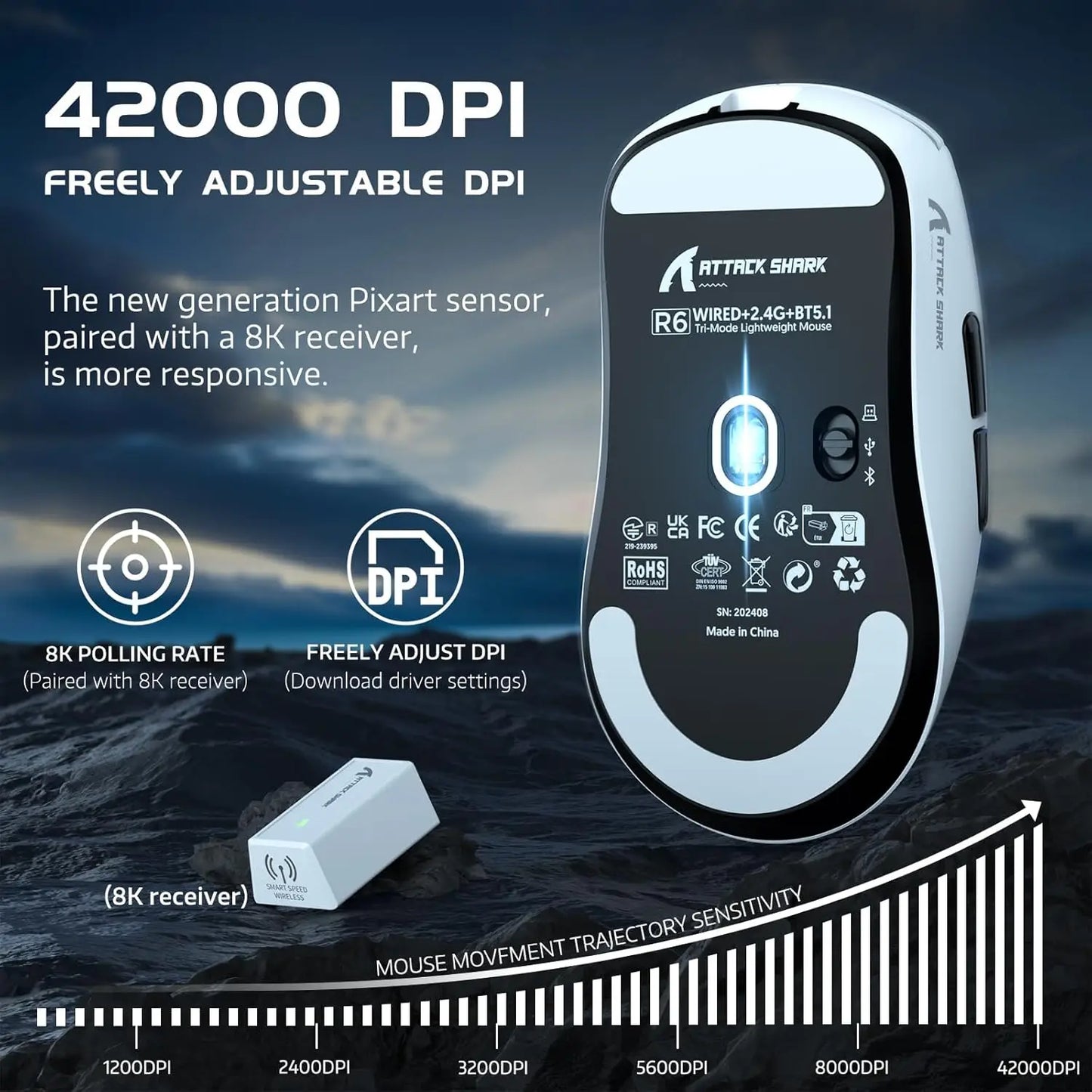 Attack Shark R6 Lightweight Wireless Gaming Mouse PAW 3950Max Sensor Bluetooth Rechargeable Computer Mouse 8KHz Polling