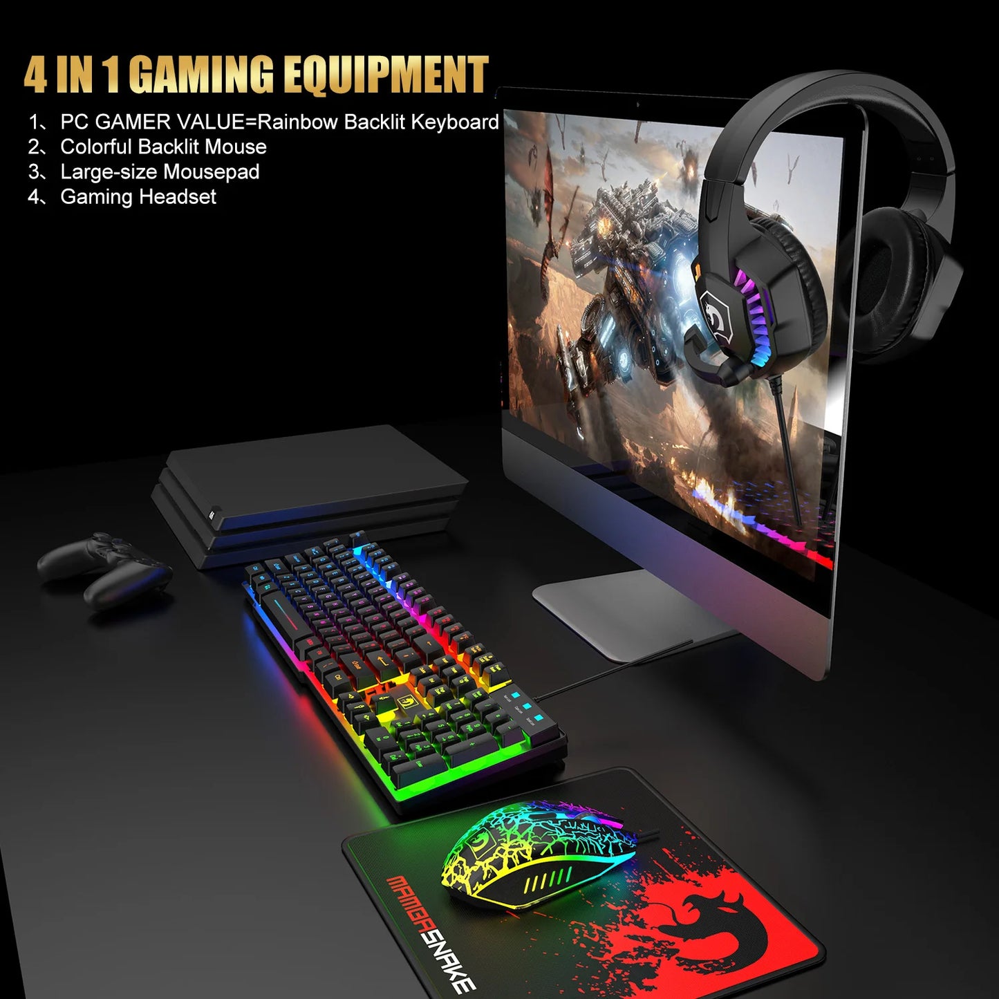 Mambasnake T11 Wired Gaming Keyboard and Mouse Headset Combo Rainbow LED Backlit Wired Keyboard