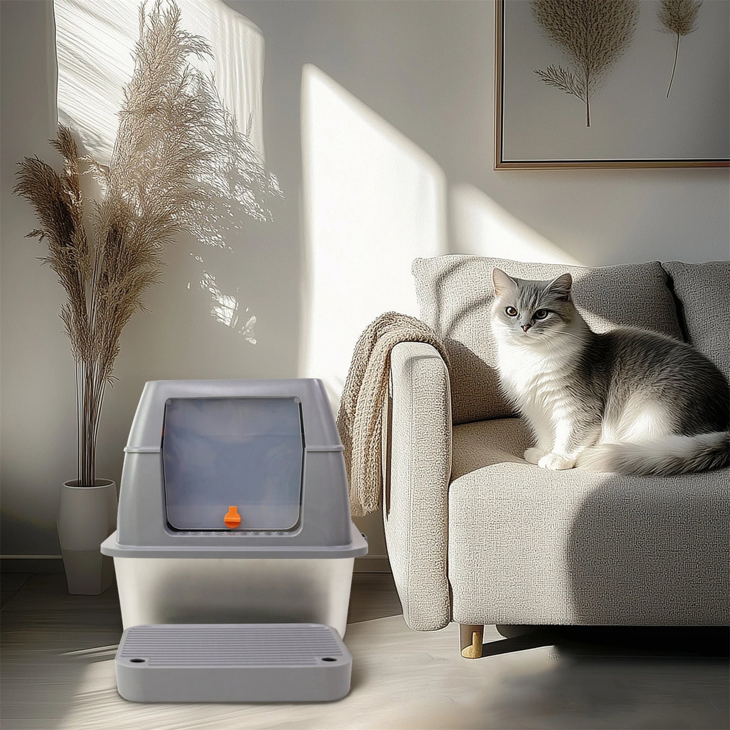 Enclosed Stainless Steel Cat Litter Box with Lid Extra Large for Big Cats Metal Litter Pan Tray High Wall Sides