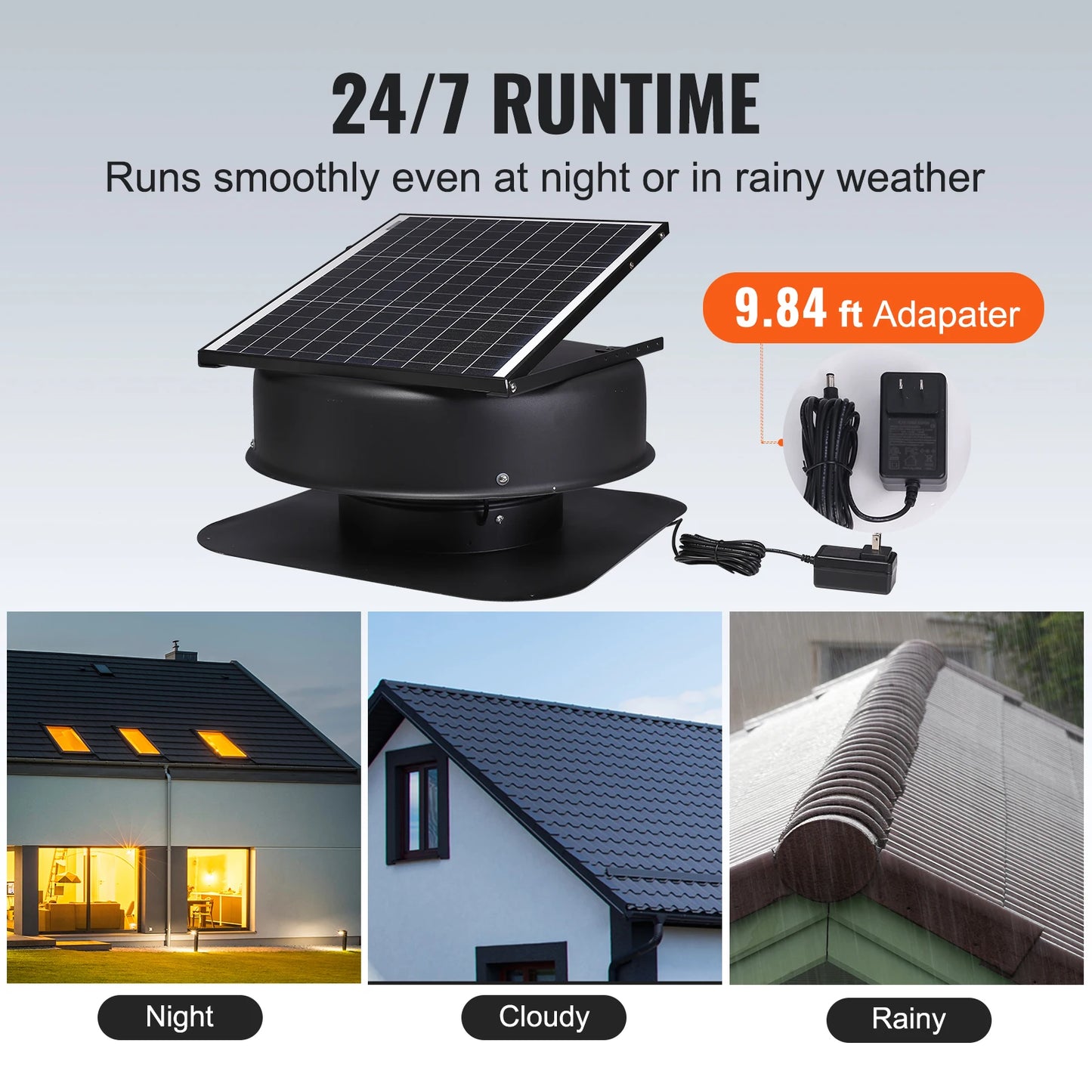 Vevor Solar Attic Fan 40 Watt 1230 CFM Large Air Flow Low Noise Weatherproof Roof Vent with 110V Smart Adapter