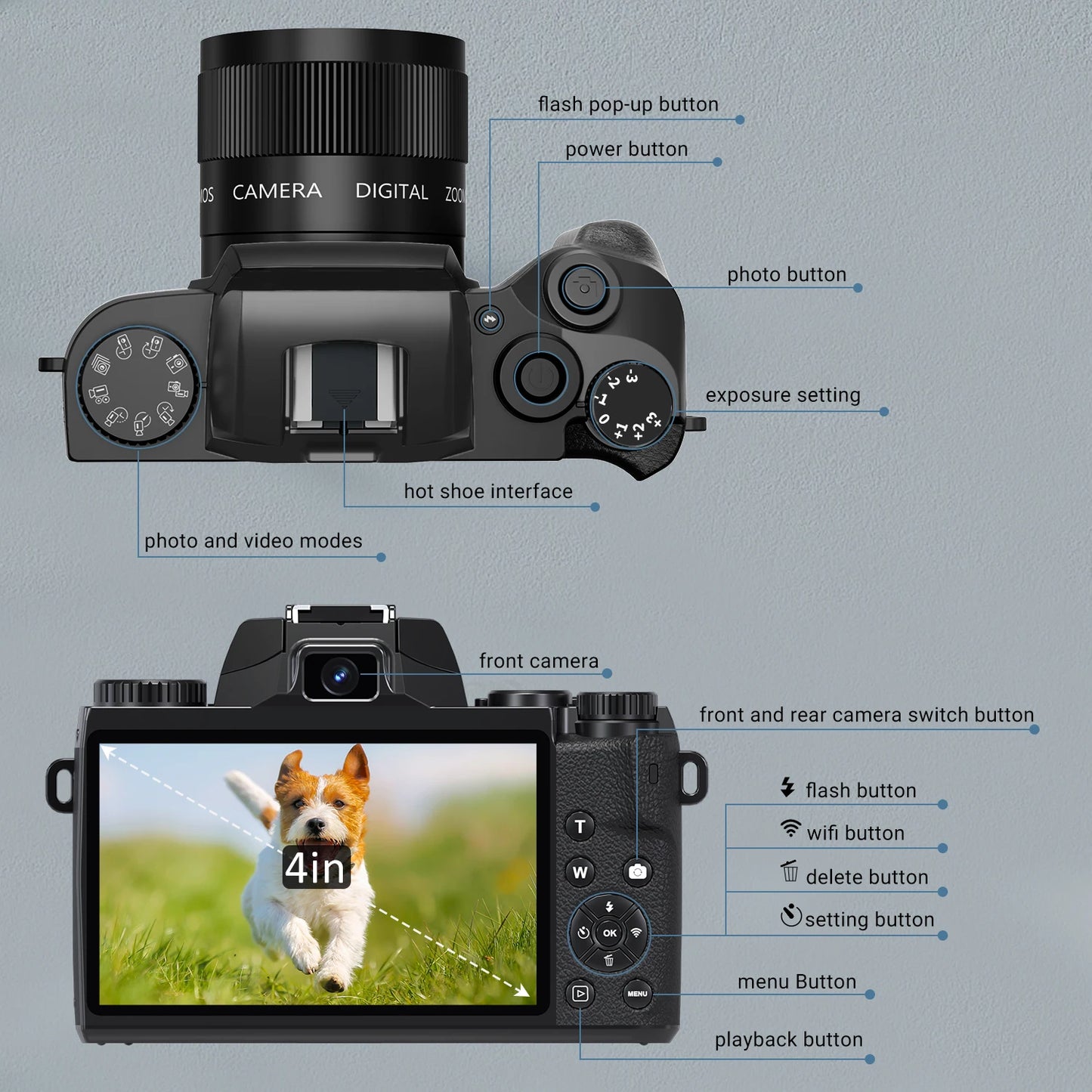 Digital Camera for Photography 4K 64MP WiFi Vlogging Camera with Flash Lens Hood Front and Rear Camera 4 Inch Touch Screen