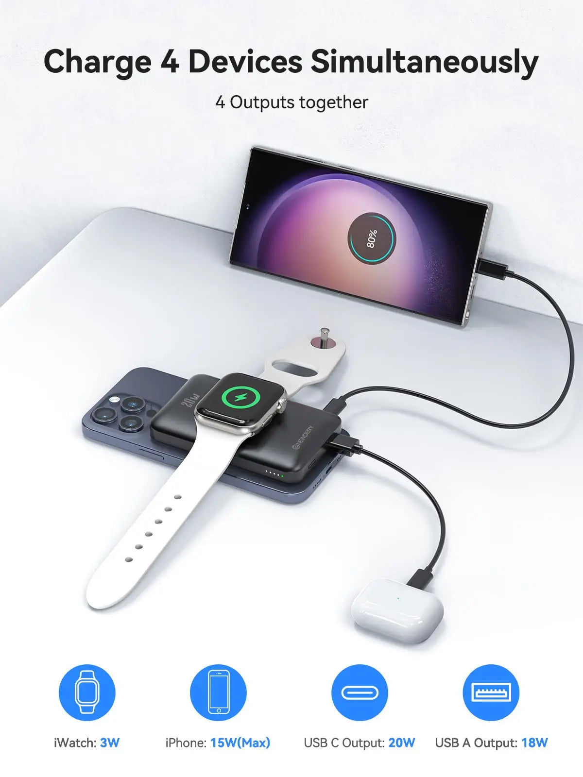 Newdery 10000mAh Magnetic Wireless Power Bank for Apple Watch iPhone 16 15 Galaxy