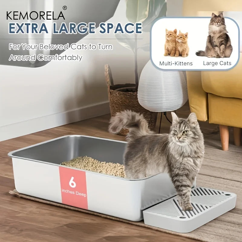 6 Inch Stainless Steel Cat Litter Box with Scoop Pedal Extra Large High Sided Rectangular Design Non Stick Easy Clean