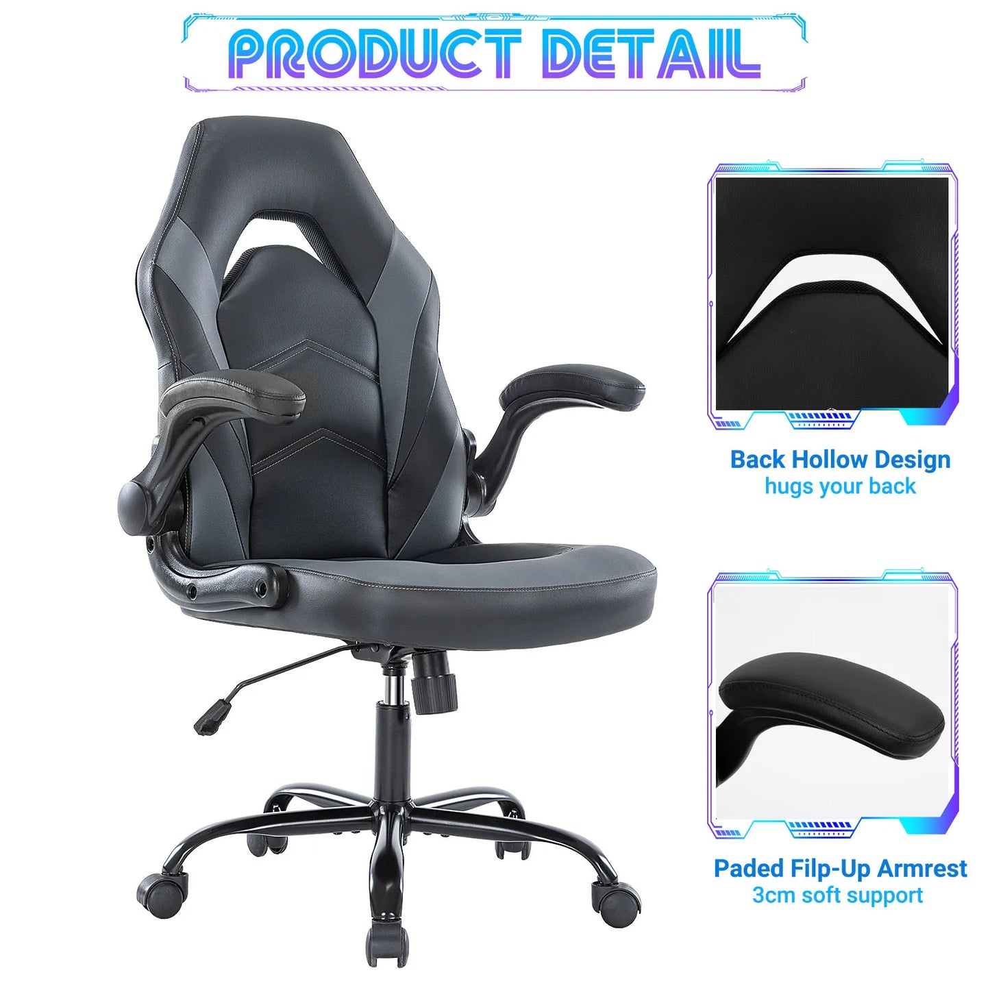 JHK Ergonomic Office Computer Gaming Desk Chair Adjustable PU Leather Racing Chair with Flip-Up Armrest