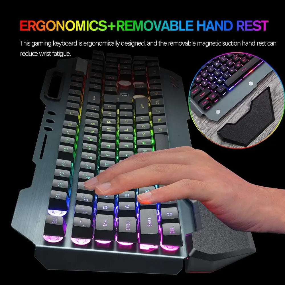 K680 Wireless Gaming Keyboard and Mouse Combo Rainbow LED Backlit Ergonomic Keyboard with Rechargeable 3800mAh Battery Metal Panel