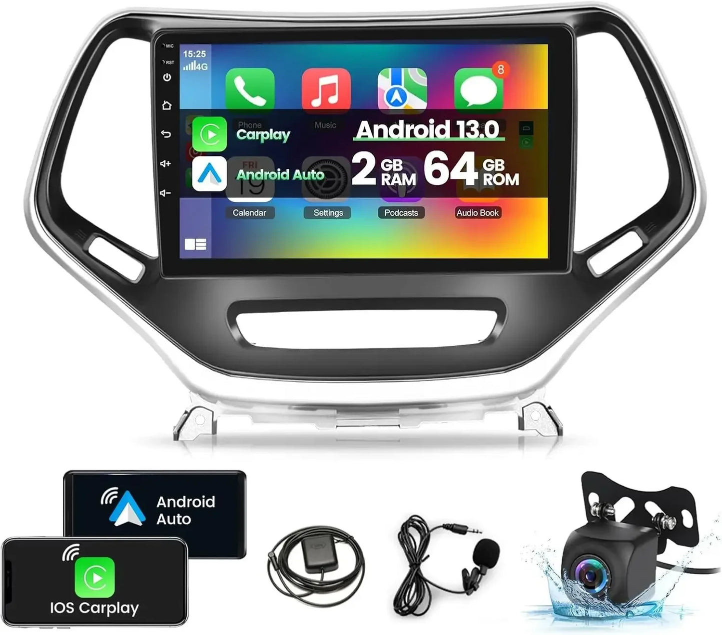 2 Plus 32 G Android 13 Car Radio for Jeep Cherokee 2013 to 2018 10 Inch Touchscreen Car Stereo with Apple Carplay Android Auto Bluetooth