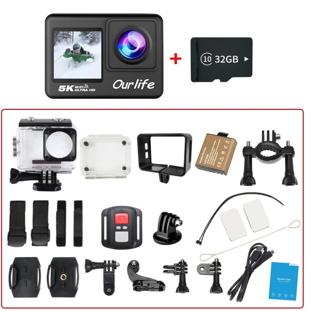 Action Camera 5K 4K 60FPS EIS WiFi 170 Degree 2.0 Inch Touch Screen 30M Waterproof 5X Zoom Sport Camera With Remote Control And 32GB Card