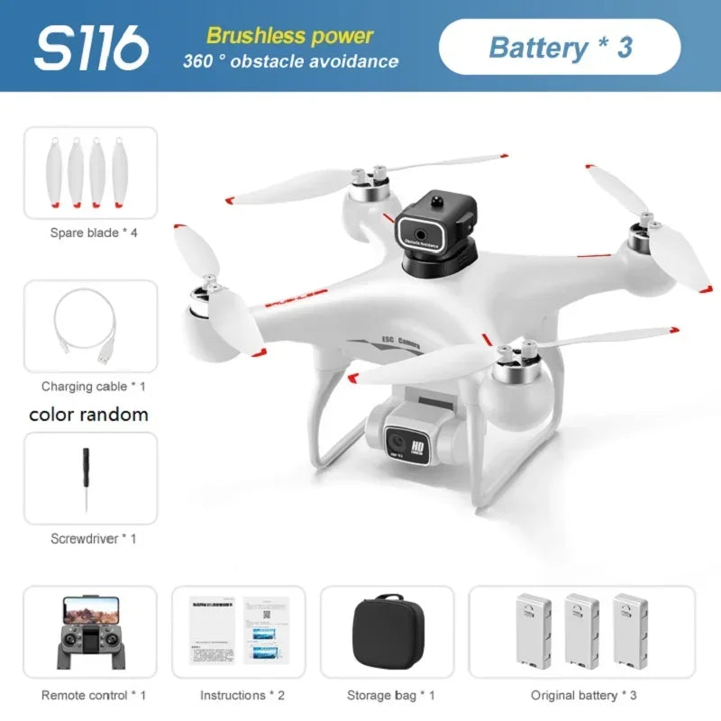 S116 Max Drone Professional with Three Batteries 8K Dual Camera Optical Flow Brushless 360 Degree Obstacle Avoidance WIFI FPV RC Drone Toys