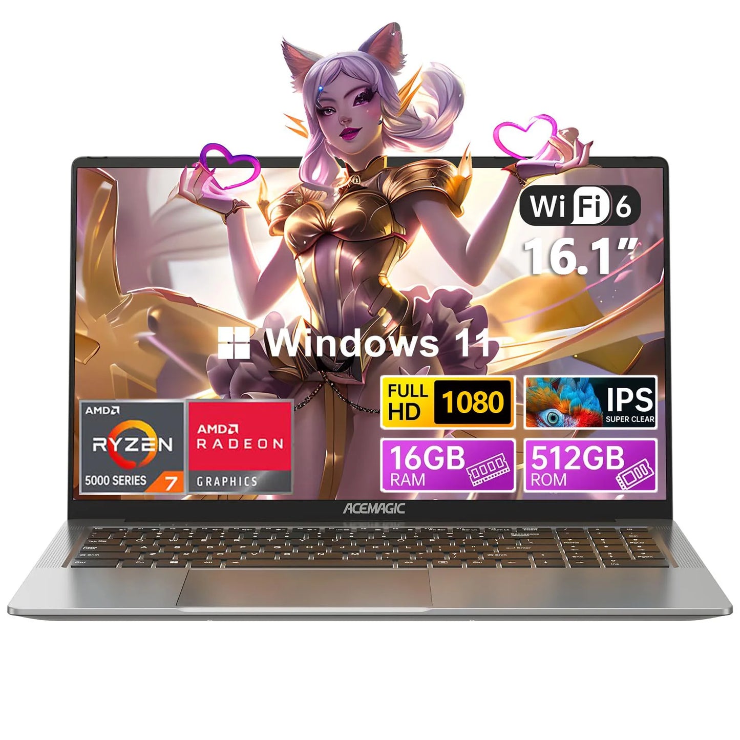 ACEMAGIC Gaming Notebook AMD Ryzen 7 5700U Backlit Laptop Keyboard 16GB RAM 512GB NVME SSD 16.1 Inch Full HD 1920x1080