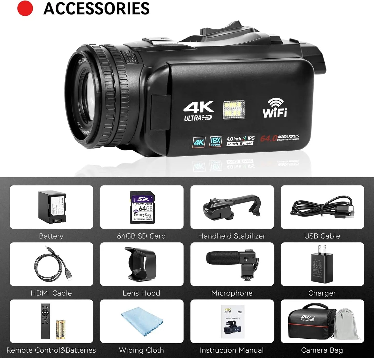 UHD 4K Video Camera Camcorder with 18X Digital Zoom 64MP Digital Camera Recorder 4.0 Inch Rotating Touchscreen 64GB SD Card