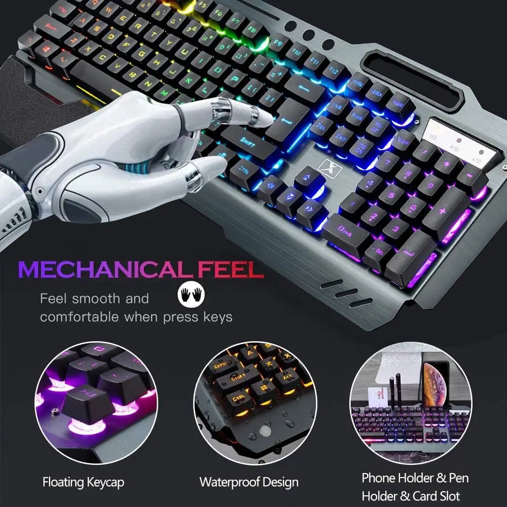 K680 Wireless Gaming Keyboard and Mouse Combo Rainbow LED Backlit Ergonomic Keyboard with Rechargeable 3800mAh Battery Metal Panel