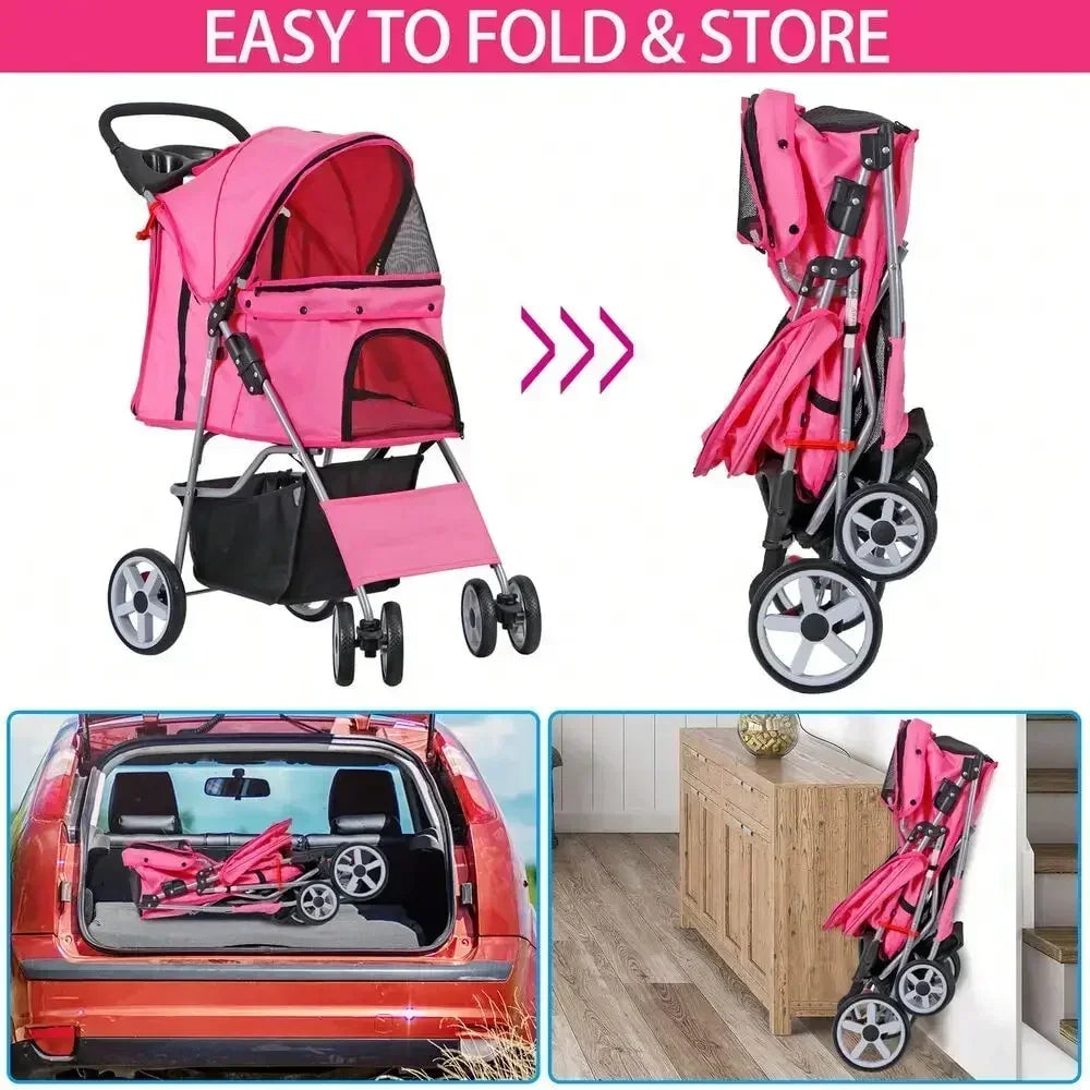 Foldable Carrier Strolling Cart 4 Wheel Pet Stroller for Cats and Dogs with Cup Holder
