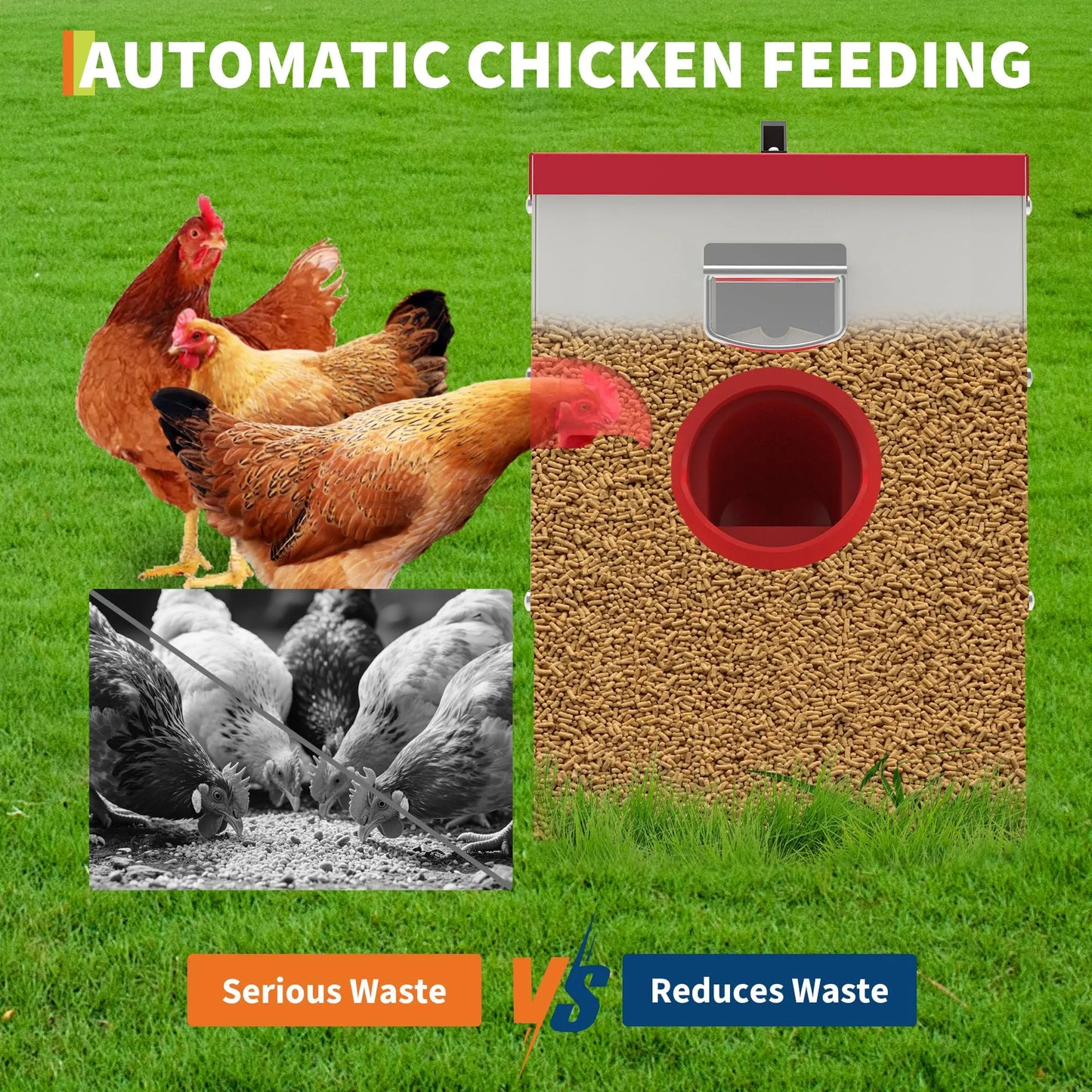 Automatic Chicken Feeder No Waste Metal Poultry Feeder Box Rainproof Chicken Coop Feed Ports