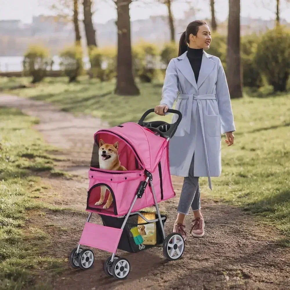 Foldable Carrier Strolling Cart 4 Wheel Pet Stroller for Cats and Dogs with Cup Holder