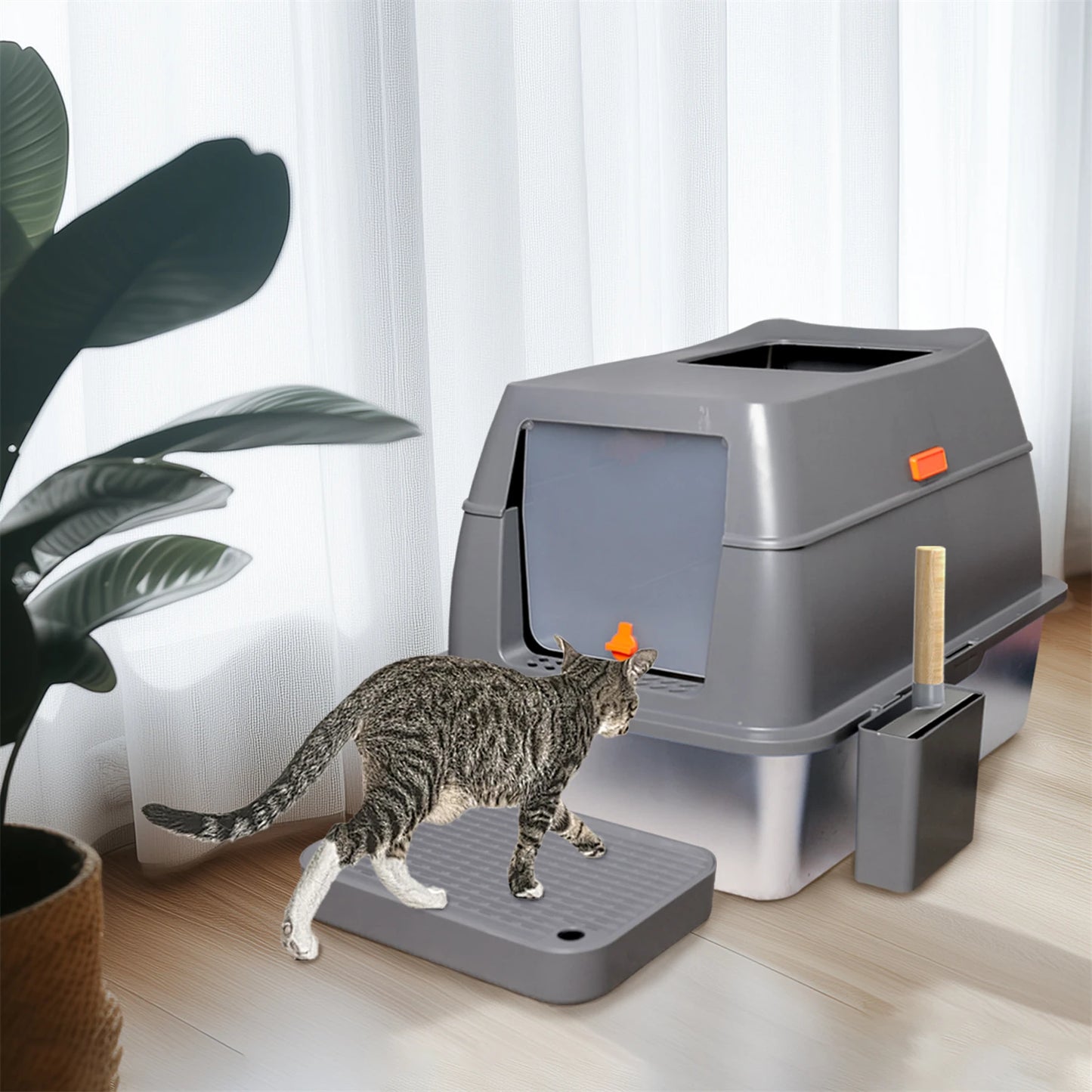 Enclosed Stainless Steel Cat Litter Box with Lid Extra Large for Big Cats Metal Litter Pan Tray High Wall Sides
