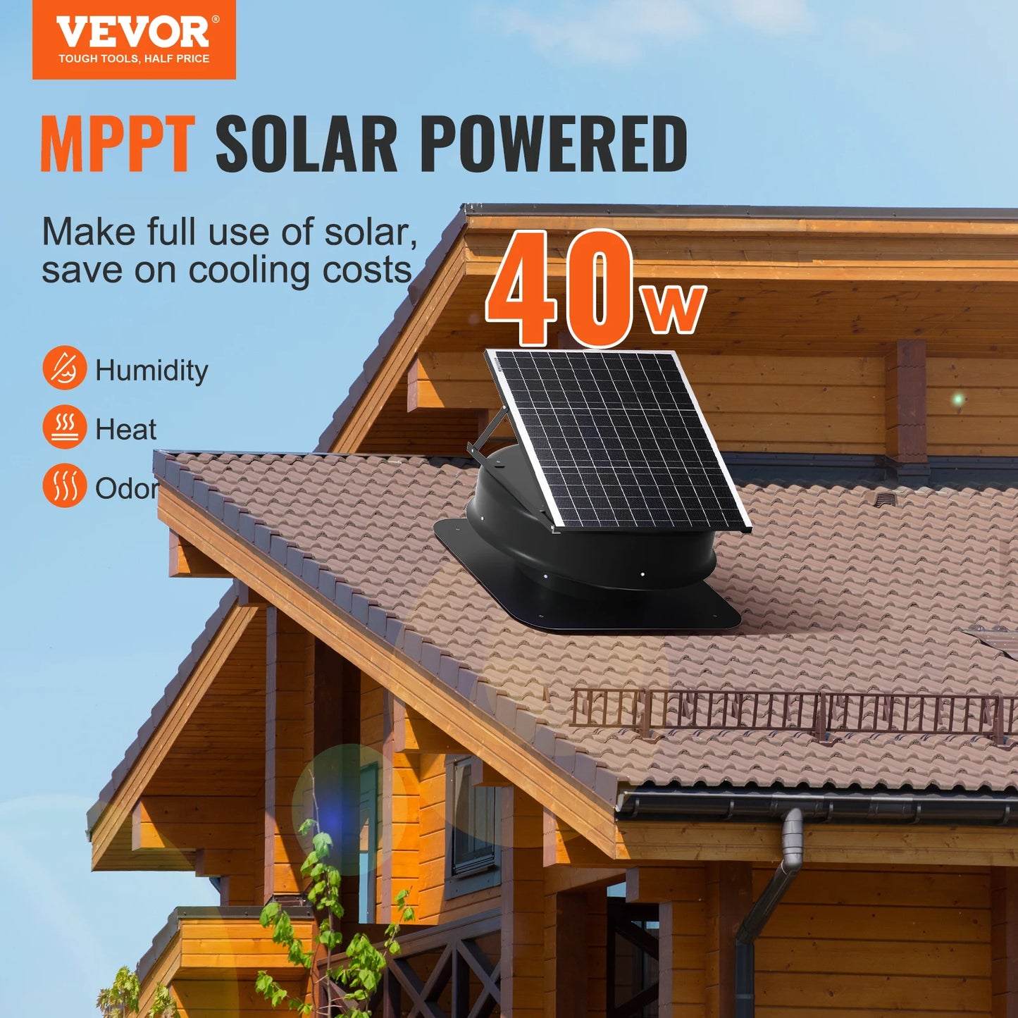 Vevor Solar Attic Fan 40 Watt 1230 CFM Large Air Flow Low Noise Weatherproof Roof Vent with 110V Smart Adapter