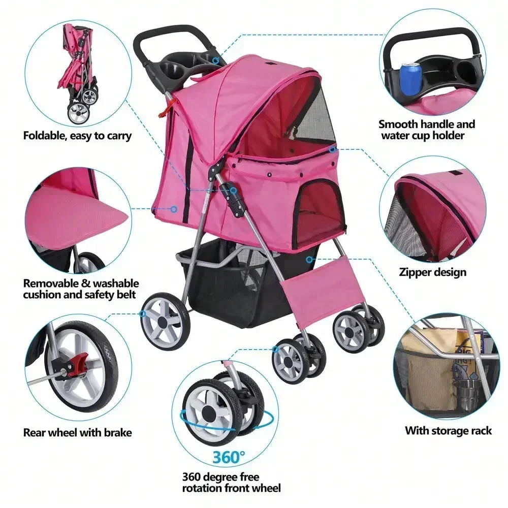 Foldable Carrier Strolling Cart 4 Wheel Pet Stroller for Cats and Dogs with Cup Holder
