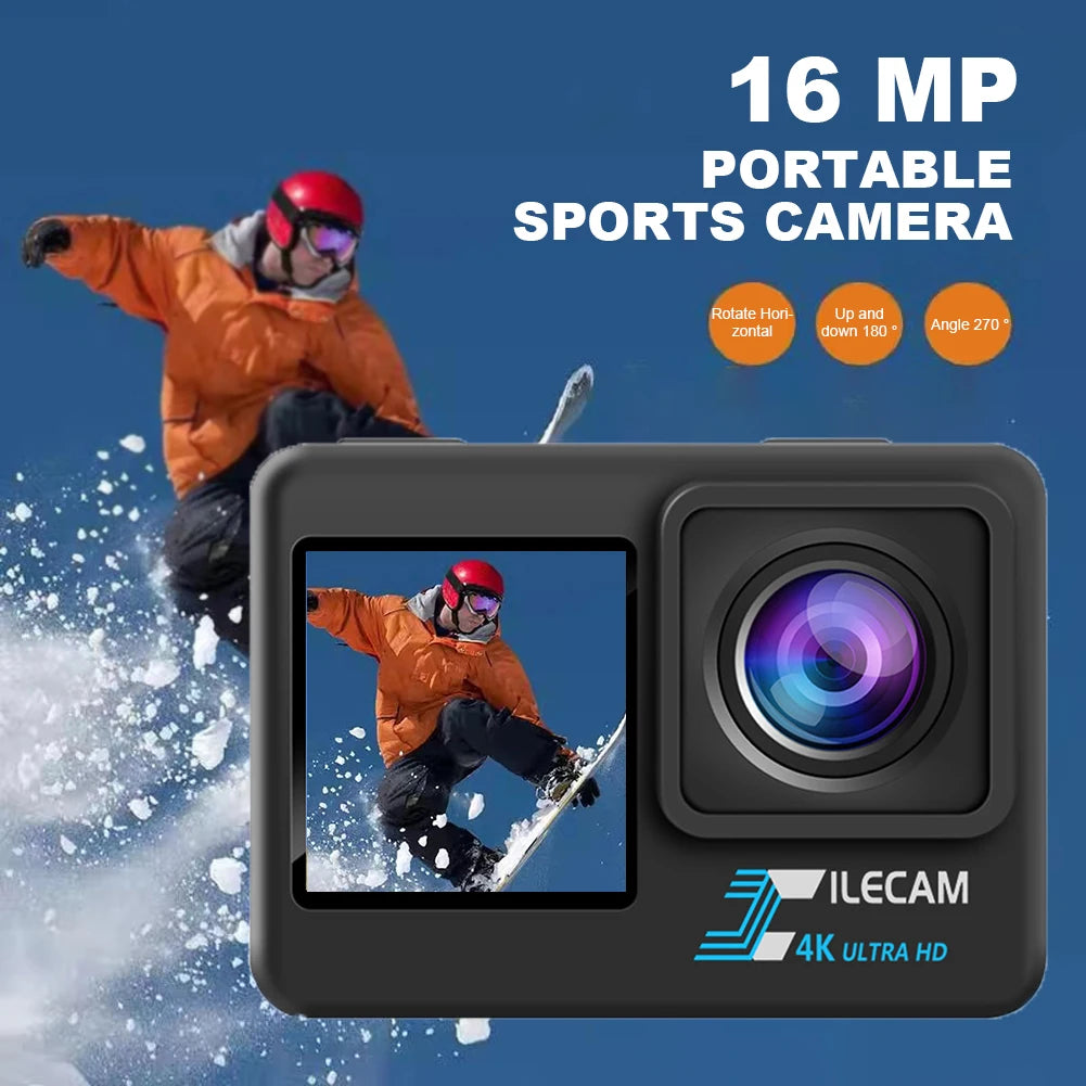 4K UHD Action Camera Dual Screen 2 Inch IPS Display Outdoor Sports Camera 120 Wide Angle 30M Waterproof