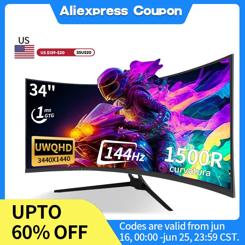 Gawfolk 34 Inch Curved 144Hz Gaming Monitor Bezel-less Slim Design 1500R HDR400 100 Percent sRGB Wide Color Gamut Fast VA Panel