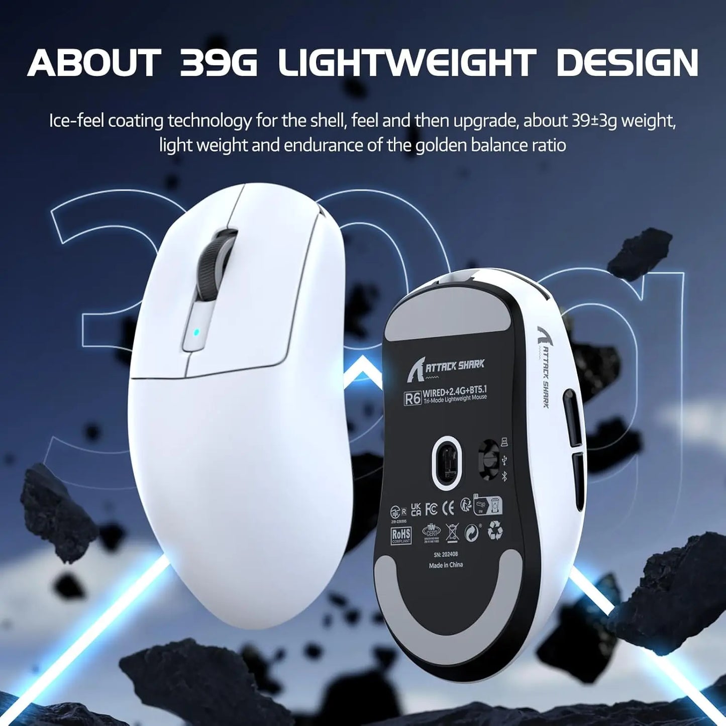 Attack Shark R6 Lightweight Wireless Gaming Mouse PAW 3950Max Sensor Bluetooth Rechargeable Computer Mouse 8KHz Polling