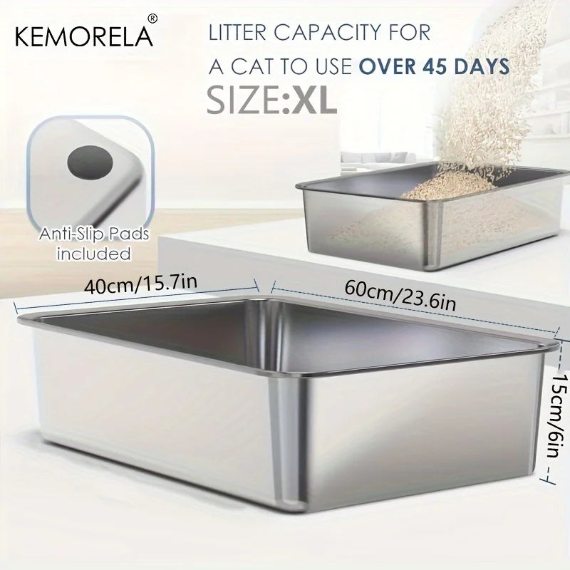 6 Inch Stainless Steel Cat Litter Box with Scoop Pedal Extra Large High Sided Rectangular Design Non Stick Easy Clean