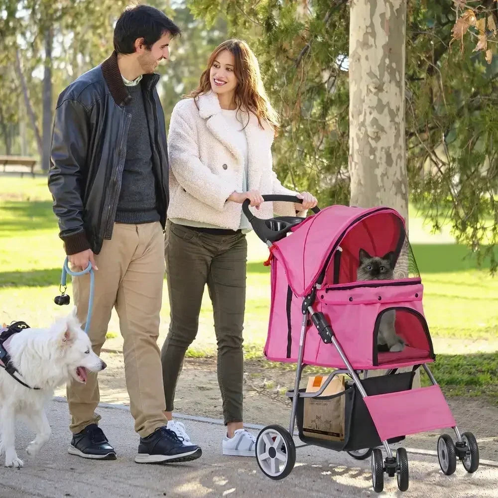 Foldable Carrier Strolling Cart 4 Wheel Pet Stroller for Cats and Dogs with Cup Holder