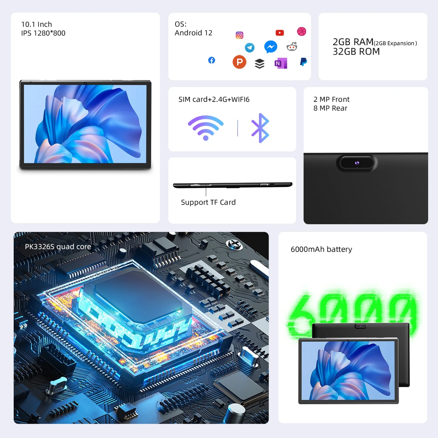 10 Inch Android 14 Tablet RK3326S 4-Core 4GB RAM 32GB ROM Dual Cameras Type-C WiFi Tablet PC