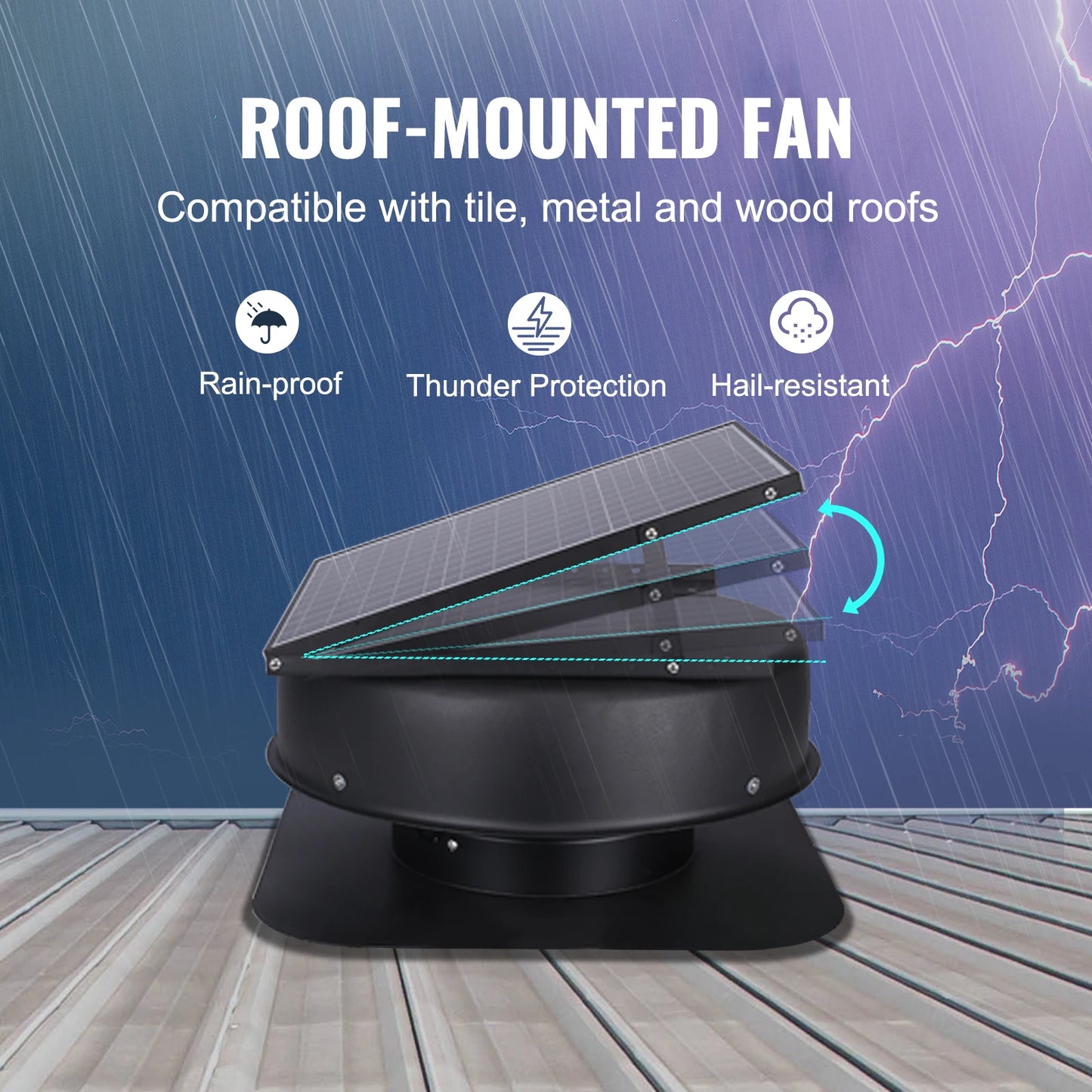 Vevor Solar Attic Fan 40 Watt 1230 CFM Large Air Flow Low Noise Weatherproof Roof Vent with 110V Smart Adapter
