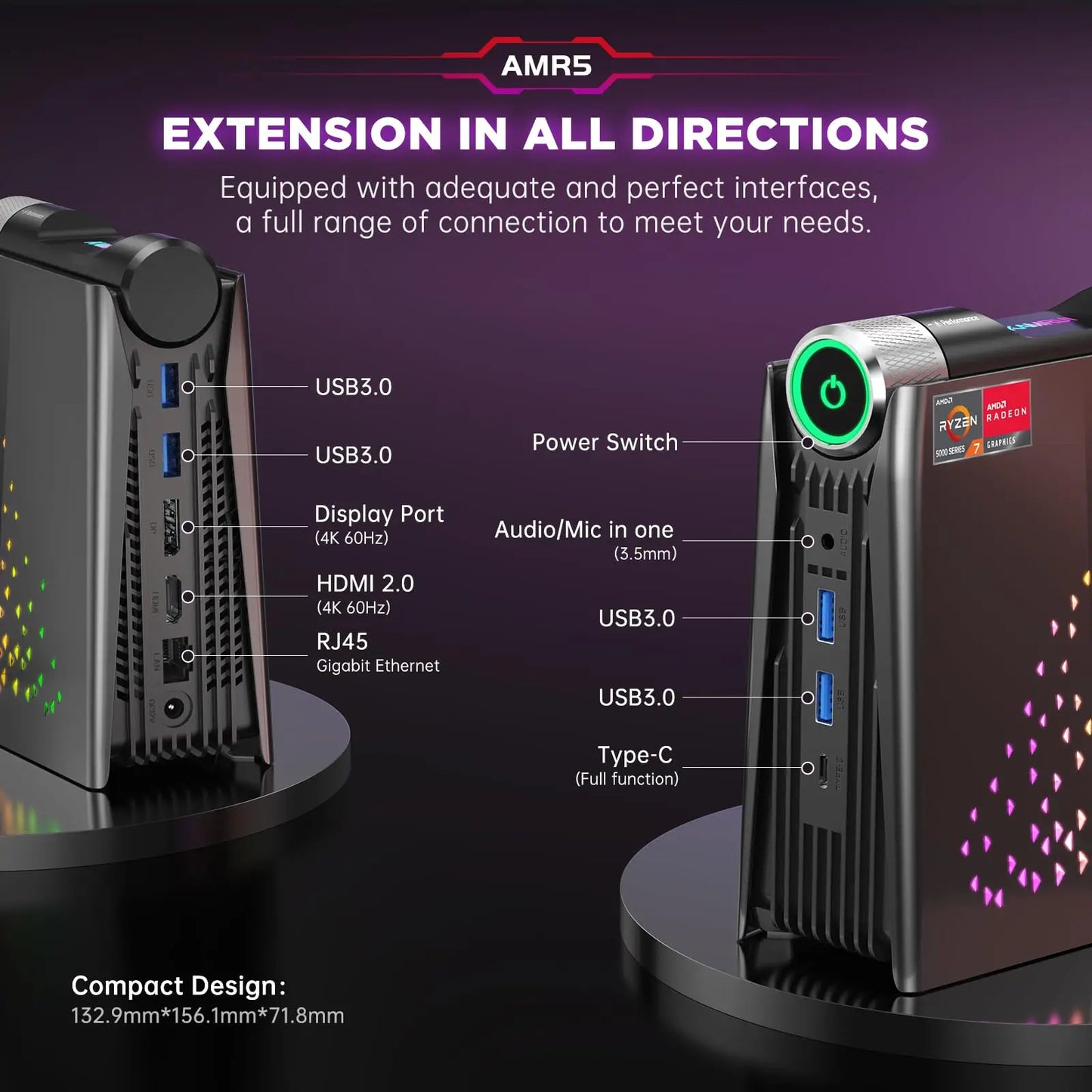 ACEMAGIC S3A Mini PC Gaming AMD Ryzen 7 5700U 16GB 32GB DDR4 512GB 1TB SSD RGB Light Control WiFi 6 BT 5.2 Gaming Computer