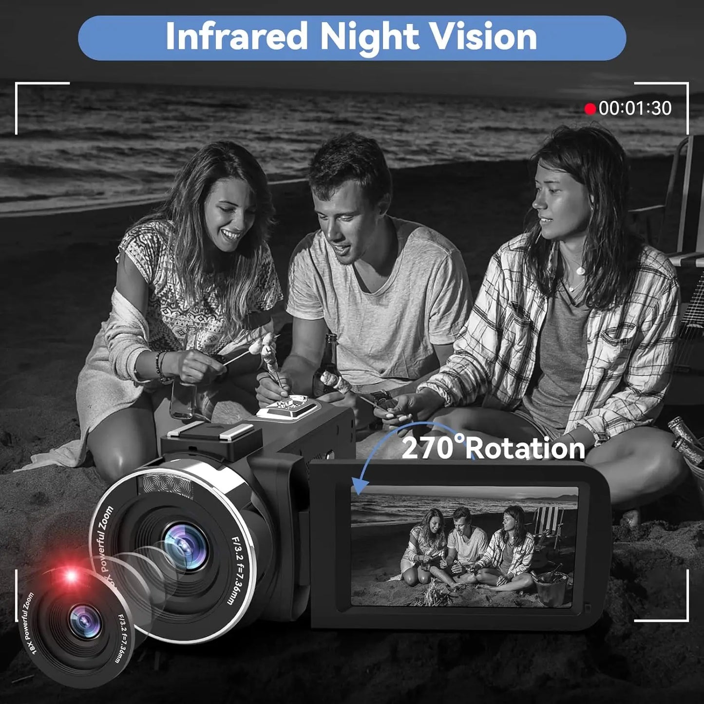 4K Video Camera Camcorder with 18X Digital Zoom 48MP Vlogging Camera for YouTube 3 Inch IPS 270 Degree Rotating Touchscreen
