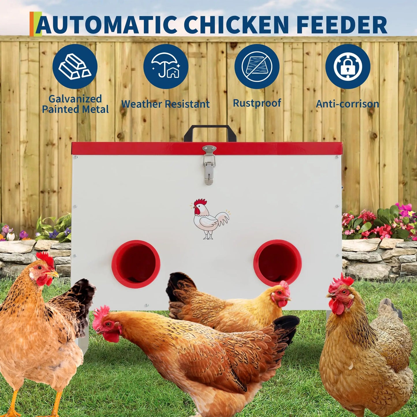 Automatic Chicken Feeder No Waste Metal Poultry Feeder Box Rainproof Chicken Coop Feed Ports