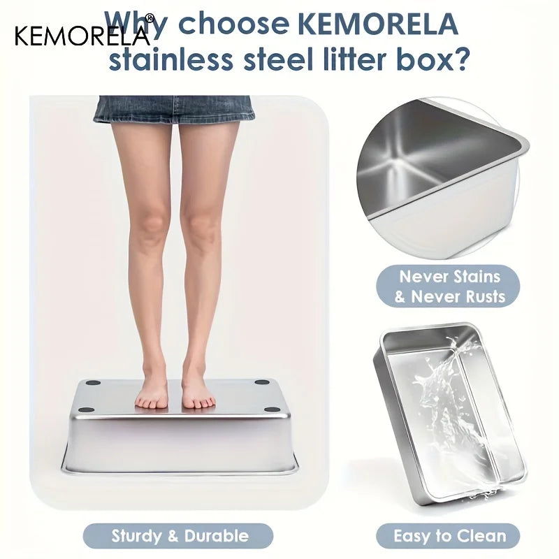 6 Inch Stainless Steel Cat Litter Box with Scoop Pedal Extra Large High Sided Rectangular Design Non Stick Easy Clean
