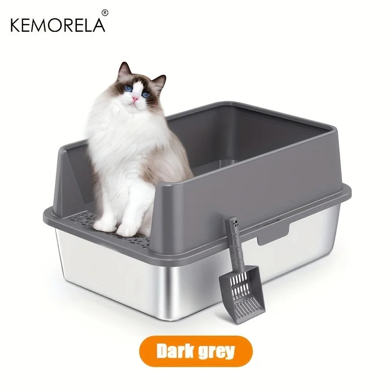 Super Large XL Stainless Steel Litter Box With Lid High Side Suitable For Large And Small Cats Removable Odor Including Spoon