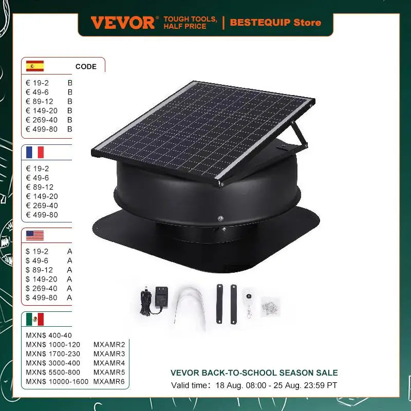 Vevor Solar Attic Fan 40 Watt 1230 CFM Large Air Flow Low Noise Weatherproof Roof Vent with 110V Smart Adapter