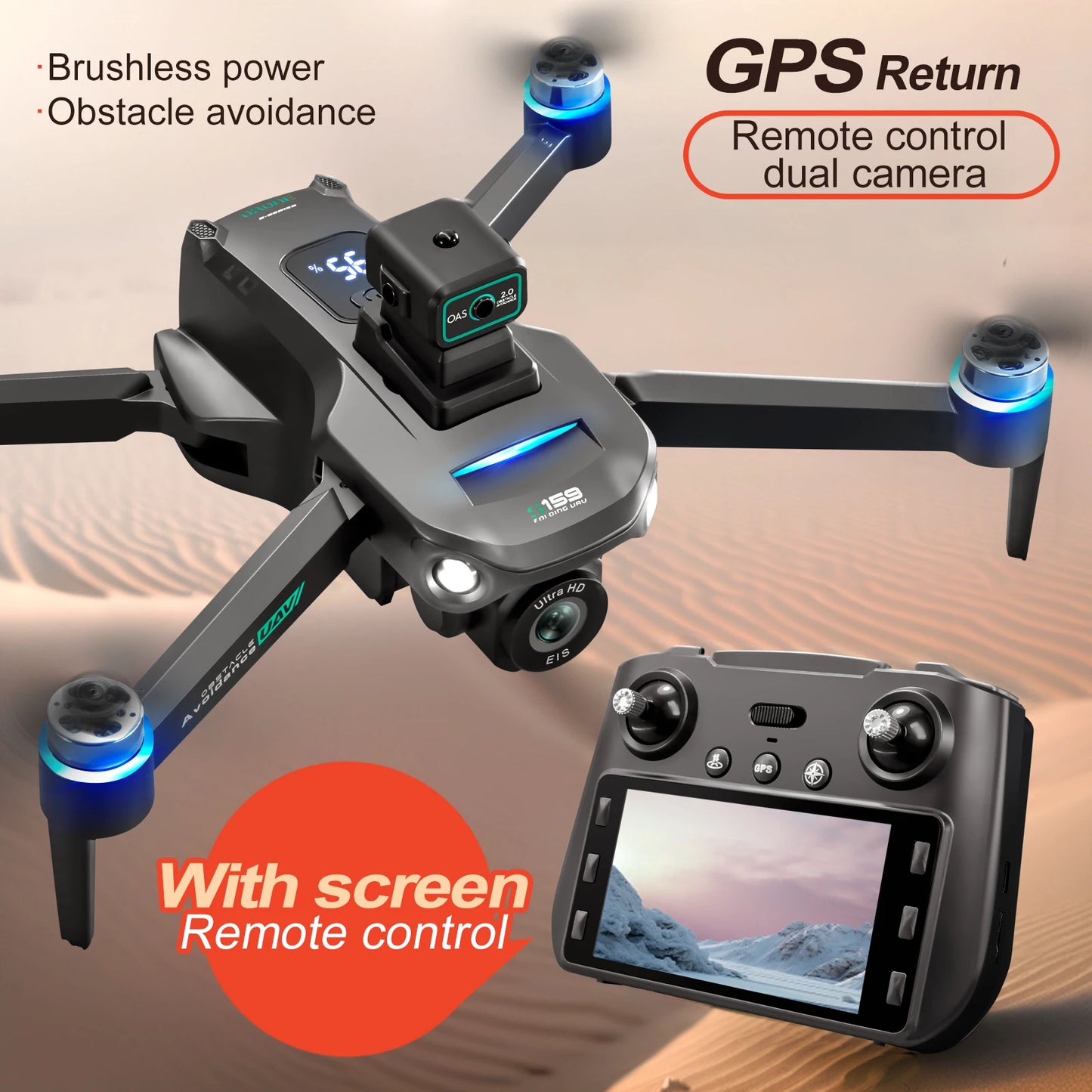 2025 Long Endurance GPS Drone with Dual Cameras and 5.9 Inch LCD Remote Controller featuring Brushless Motor and Quad Obstacle Avoidance