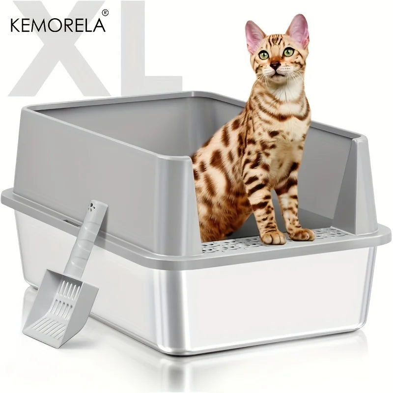 Super Large XL Stainless Steel Litter Box With Lid High Side Suitable For Large And Small Cats Removable Odor Including Spoon