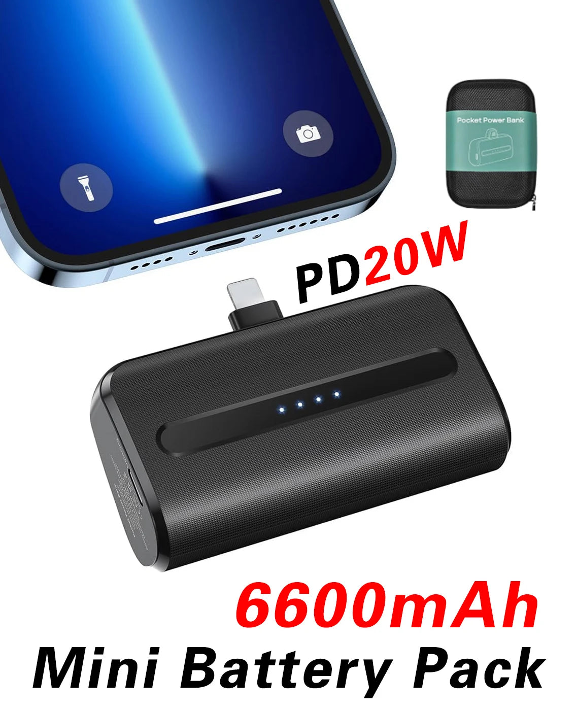 Mini Power Bank Portable 6000mAh Fast Charge with Type C Lightning Plug Compact Emergency Battery Pack for iPhone Android Phone