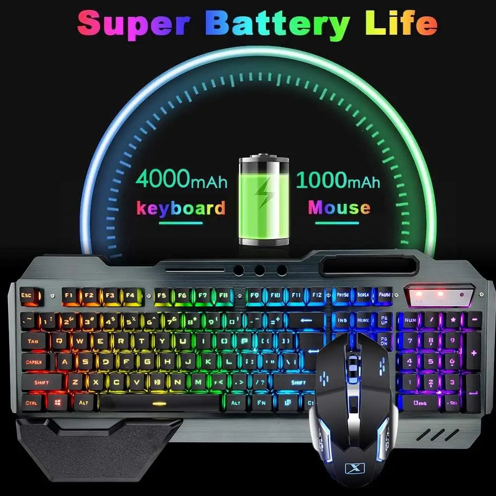 K680 Wireless Gaming Keyboard and Mouse Combo Rainbow LED Backlit Ergonomic Keyboard with Rechargeable 3800mAh Battery Metal Panel