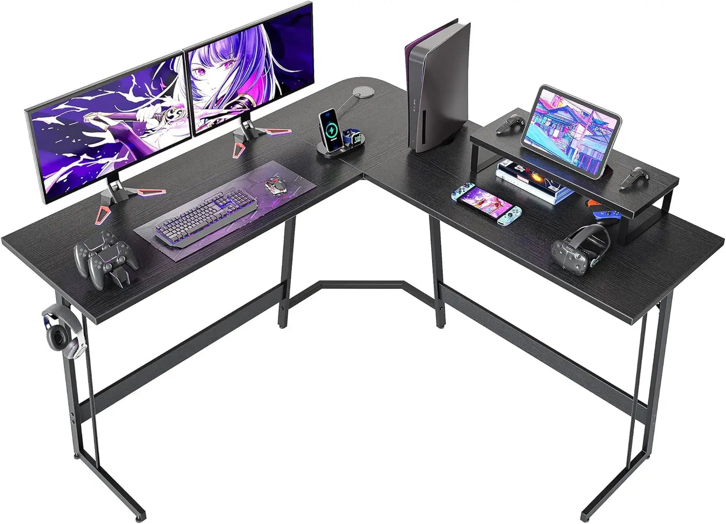L Shaped Gaming Desk 47 Inch Computer Desk with Monitor Stand Corner Desk Table for Home Office Sturdy Writing Workstation Black