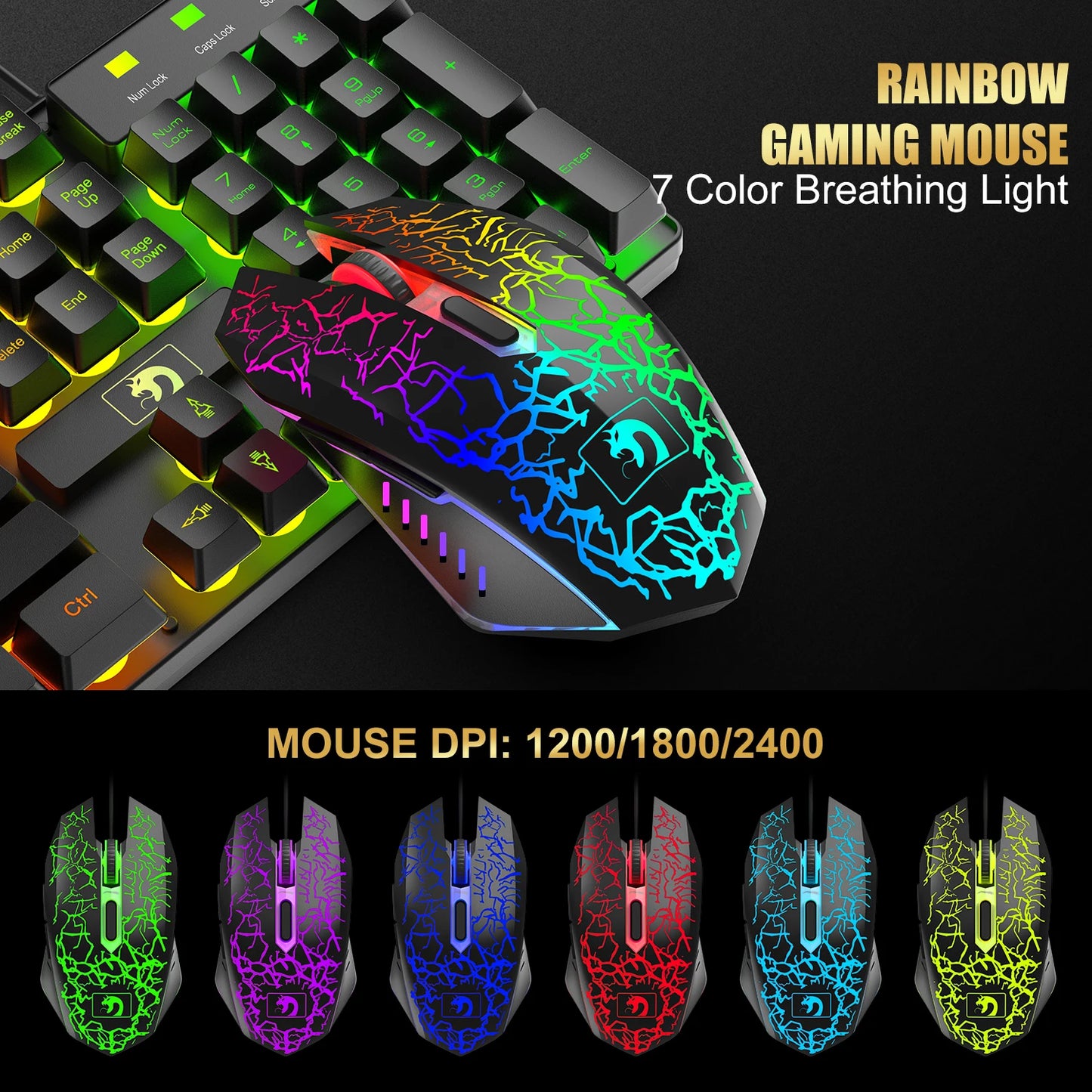 Mambasnake T11 Wired Gaming Keyboard and Mouse Headset Combo Rainbow LED Backlit Wired Keyboard